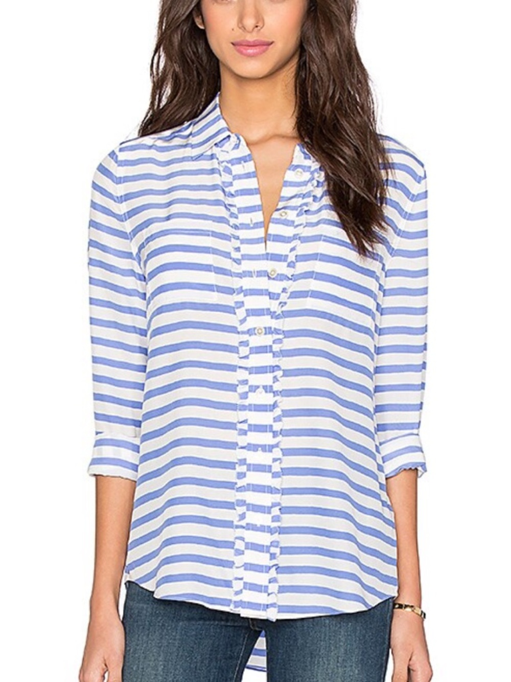 Kate spade New York Painterly Stripe Ruffle Button Up in Periwinkle & Cream